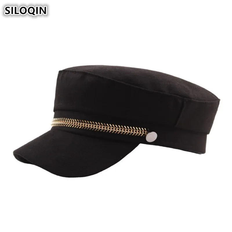 SILOQIN/Элегантные женские осенние армейские кепки на плоской подошве в стиле ретро с украшением золотистой цепочкой, модные брендовые женские зимние шапки