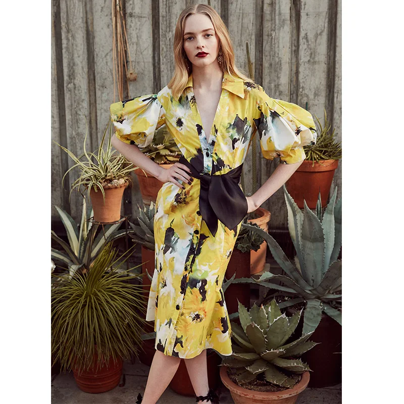 

European American Women Elegant Designing Sexy V-neck Unique Puff Sleeve Candy Color Yellow Printing Slim Dress with Slash