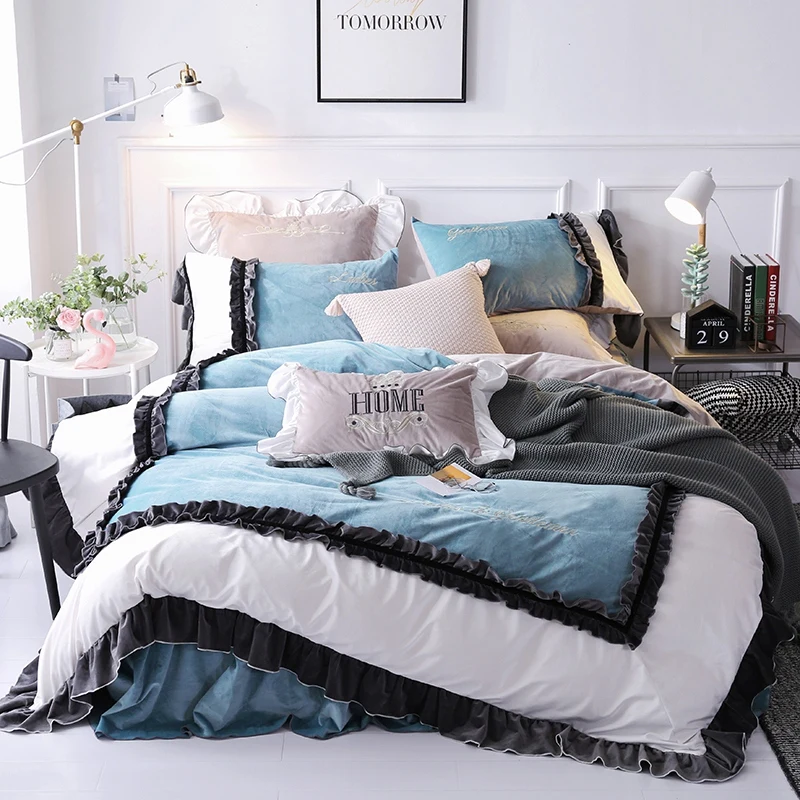 2018 Blue yellow Bedding Set Fleece fabric Bed Sheet lace Duvet Cover