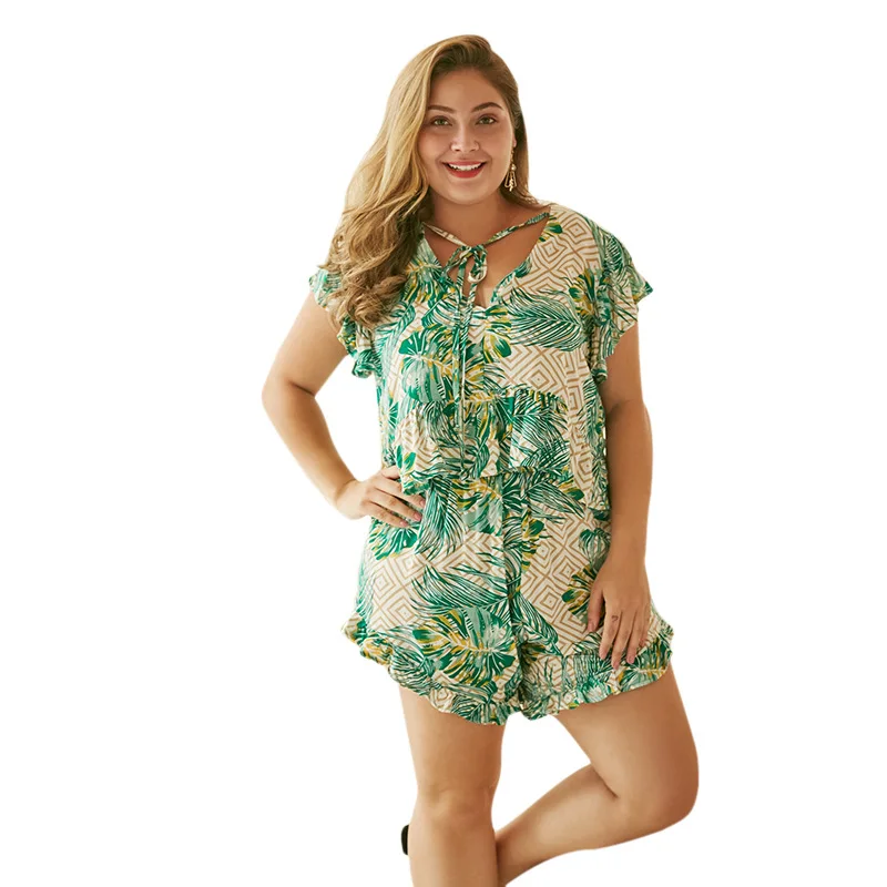 

WHZHM Summer Plus Size 3XL 4XL Lacing Flower Sets Women Short Flare Sleeve Two Pieces V-Neck Beach Floral Tops and Short Pants