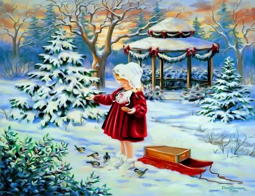 Diamond Painting Kid's Room Decoration 5D DIY Cross Stitch Girl Snow Field 7262 Partial 25X20 Canvas Paper Bag Round | Дом и сад