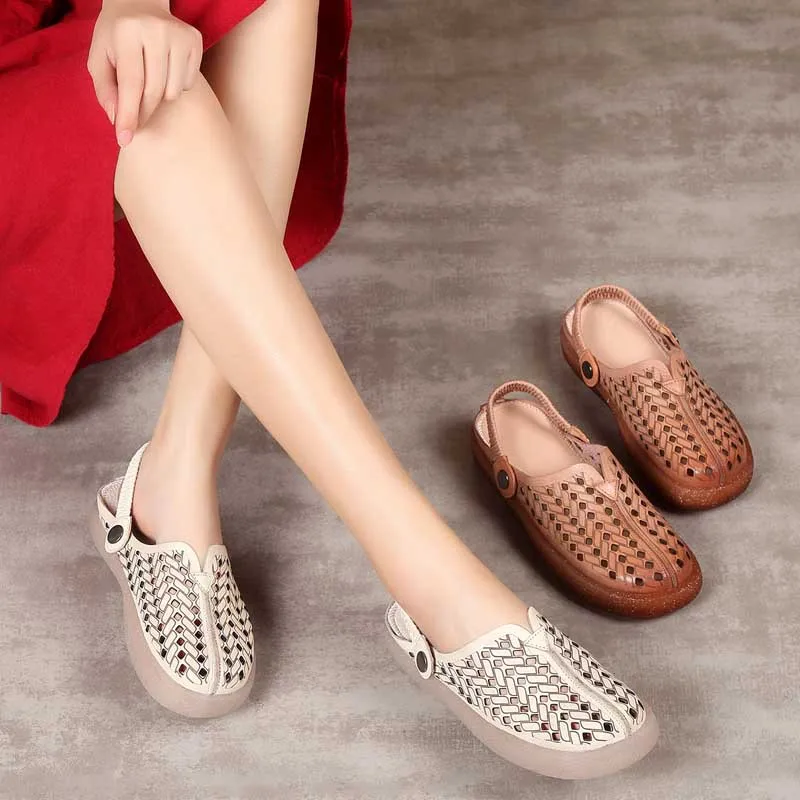 

Genuine Leather Women Slippers Summer Shoes Hollow Out Low Heels Sandals Slippers 2019 Women Soft Bottom Handmade Leather Shoes