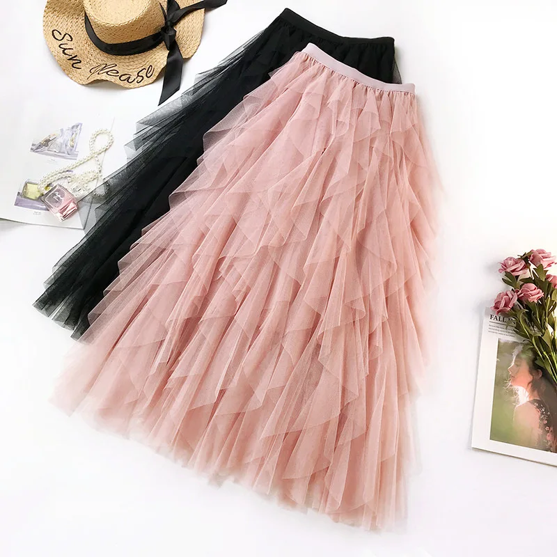 

Wasteheart Pink Black Women Skirts Mesh High Waist Pleated Ankle Length Long Skirt Ball Gown Chiffon Clothing Plus Size Japanese