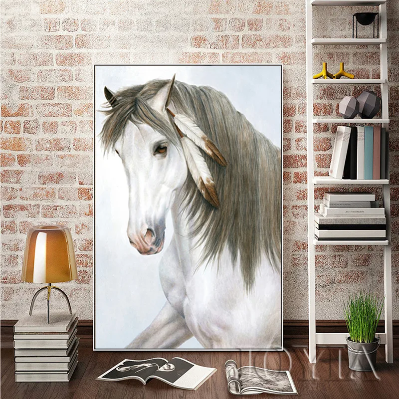 Large Horse Canvas Art Indian Feather White Horse Wall