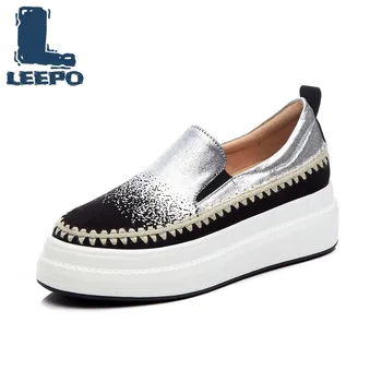 

Platform Loafers Shoes for Women Luxury Handmade Genuine Leather Silver Flats Shoes Ladies Slip-On Loafers Soft Flats 6cm