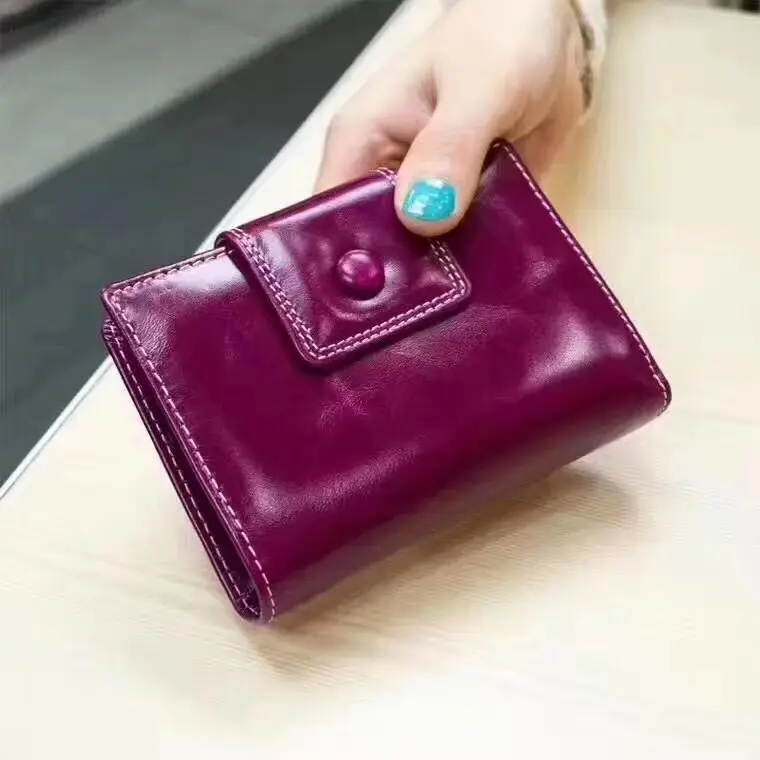 Женский кошелек из натуральной кожи высокого качества, тонкий кошелек и сумочка с масляной воском, черный, фиолетовый, коричневый, ярко-розовый, синий - Цвет: Puple