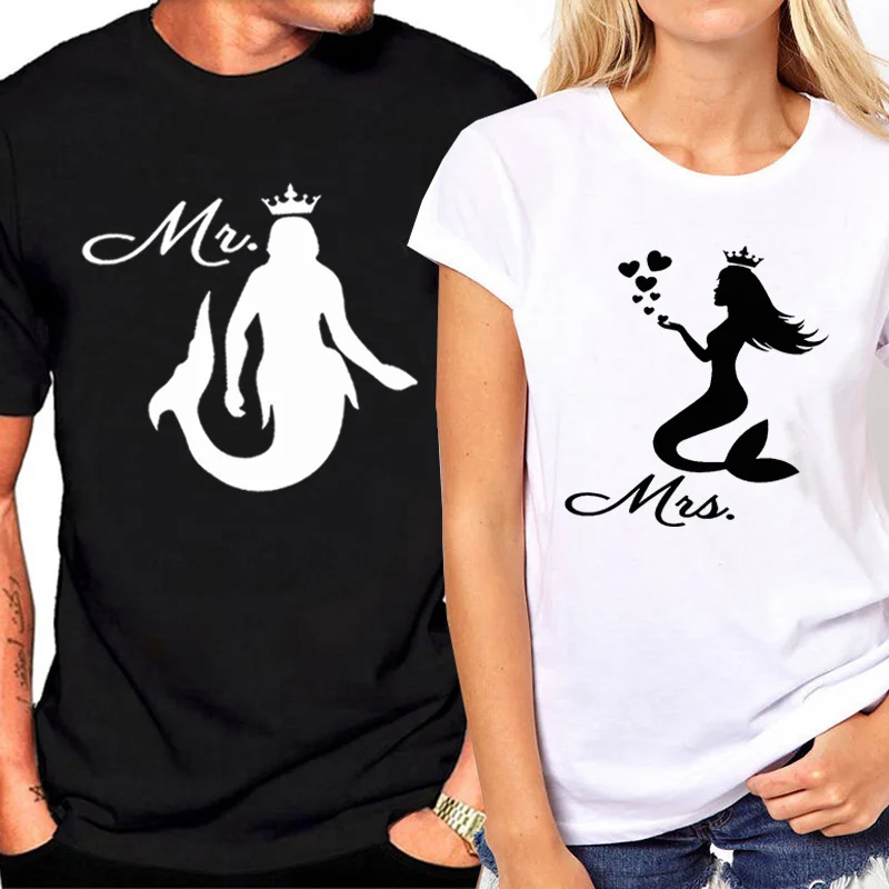 Couple T Shirt for Lovers Matching Clothes Mermaid Print Style White Black Tshirt Couple Short Sleeve Cotton T Shirts Plus Size