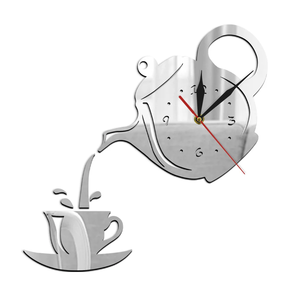 

Teapot and Cup DIY 3D Wall Clock Mirror Effect Decorative Wall Watches Tea Kettle Shaped Hanging Kitchen Clocks Jug With A Cup