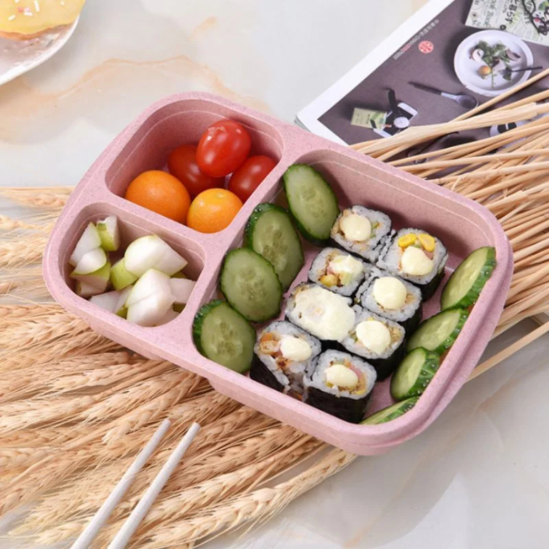 

Wheat Straw Box 3 Grid With Lid Environmentally friendly Microwave Food Box Biodegradable Storage Container Lunch For Picnic