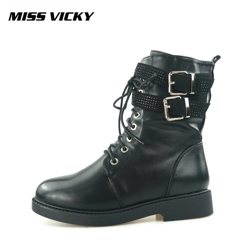 

MISS VICKY Motorcycle Boots New Buckle Casual Martin Boots Black Fashion Half Boots Round Toe Women Boots
