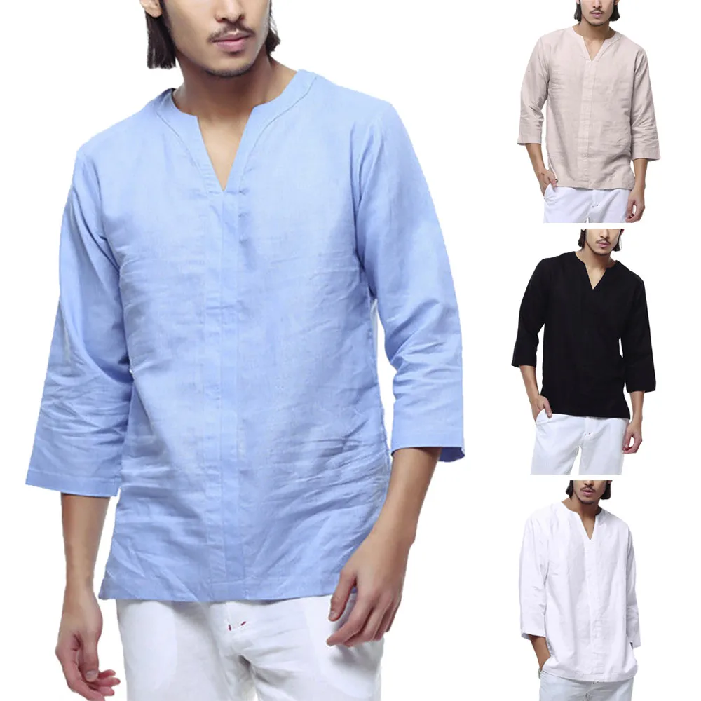 Summer,Autumn Men's Shirts Baggy Cotton Linen 3/4 Sleeve Retro V Neck ...