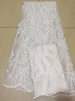 

White color African French Lace Rhinestones Fabric High Quality African Tulle Lace Fabric For Wedding Party dress 5yards/Lot