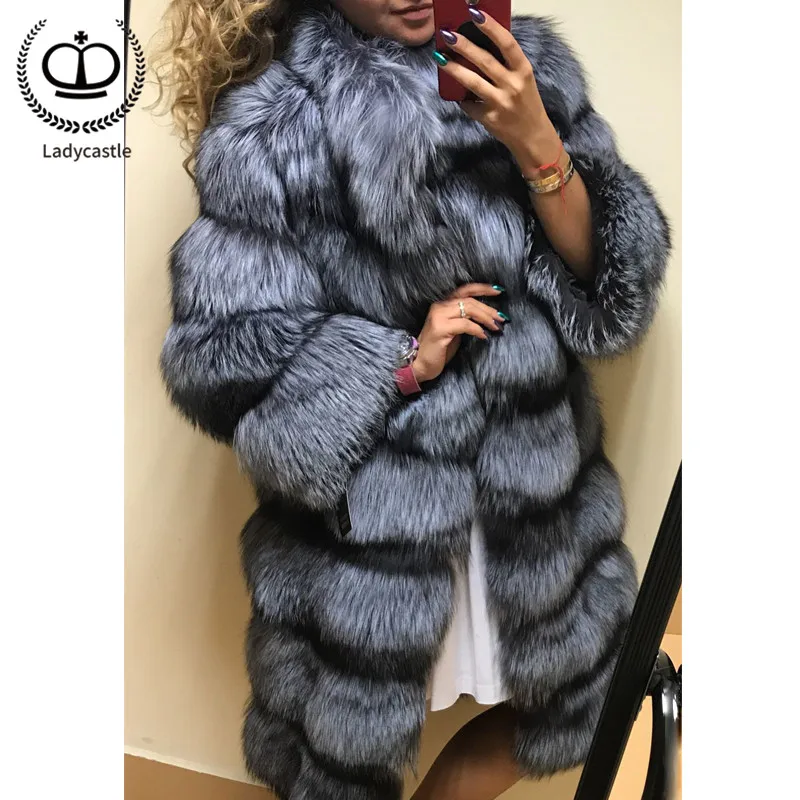 

New Natural Real Sliver Fox Fur Coat With Fur Collar Winter Warm Fashion Genuine Leather Full Pelt Fox Fur Jacket Luxury FC-114