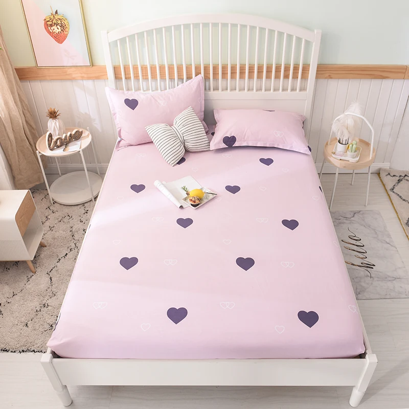 

Pink Blue Heart Pattern printed Fitted Bed Sheet Set All Around 100%Cotton Twin Queen King Kids Adults Fitted Sheet Pillow shams