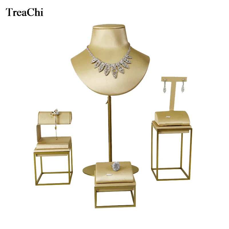 New Rectangle Stainless Steel Window Showcase Gold PU Ring Earring Bracelet Watch Necklace Bust Jewelry Display Stand Kit