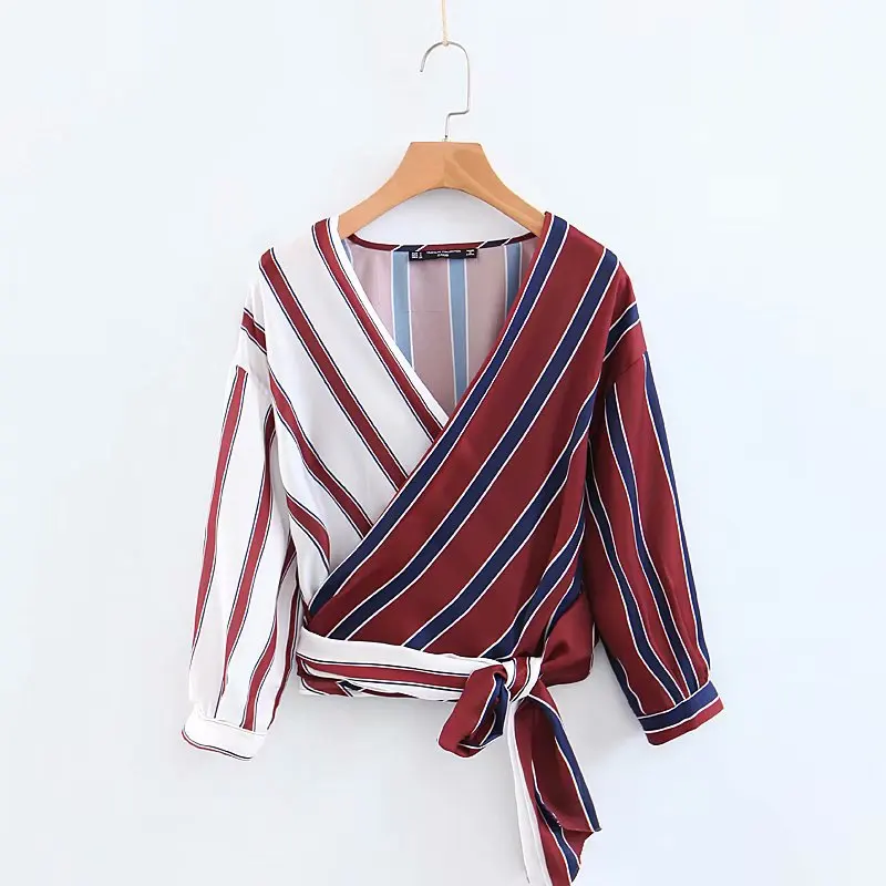

Vintage Cross V Neck Color Matching Striped Print Casual Kimono Women Blouse Shirts 2018 Women Chic Tops Femininas Blusas