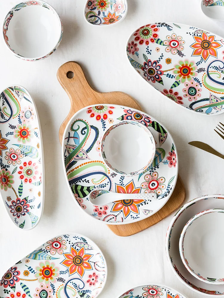 

EECAMAIL Bohemian Ethnic Style Flowers Matte Glaze Bone China Plate Rice Bowl Ceramic Household Dish Steak Dish European Style