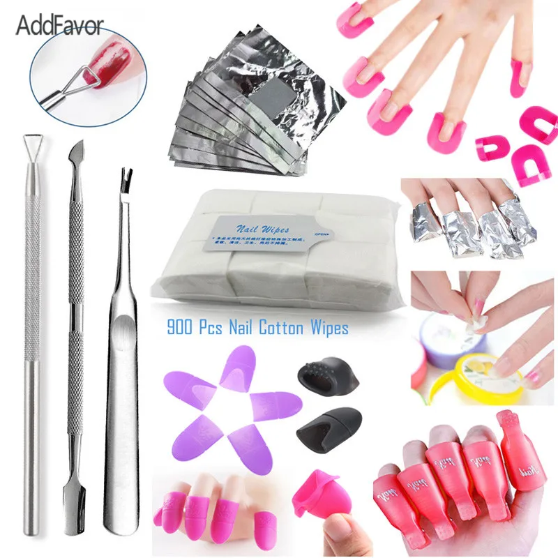 

AddFavor Nail Kit Set Cuticle Pusher Nail Polish Remover Foils Wrap Kits Clip Wipe Gel Nail Art Painting Overflow Protector Tape