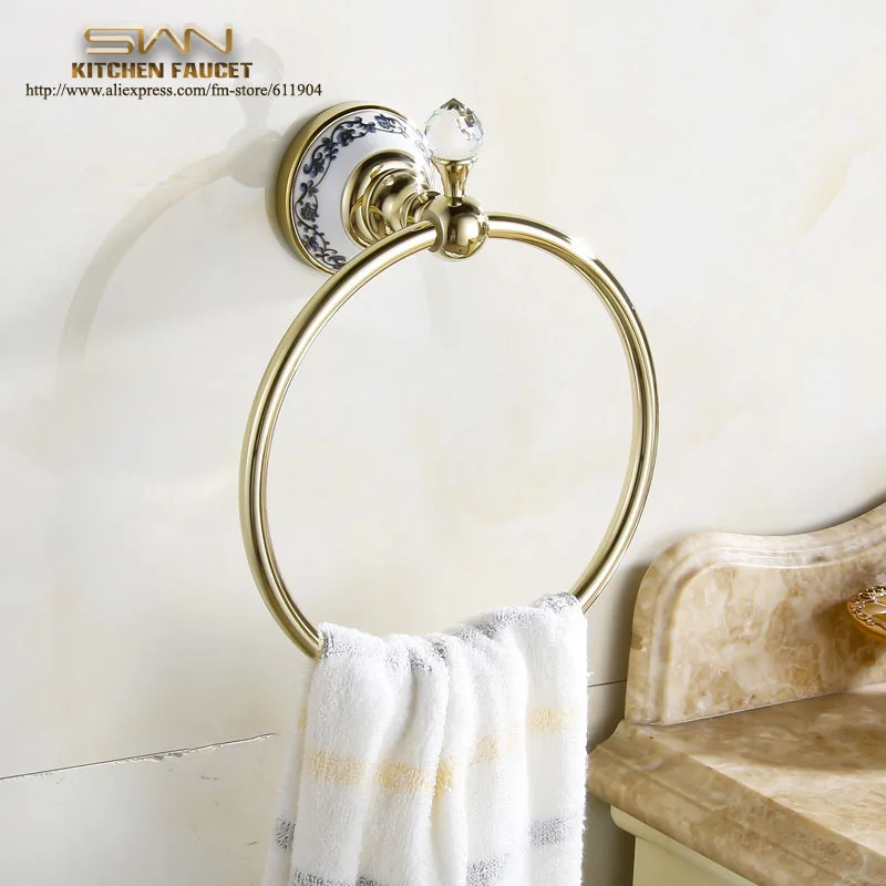 Free Shipping Luxury Crystal & Brass Gold Towel Ring Towel Holder Towel