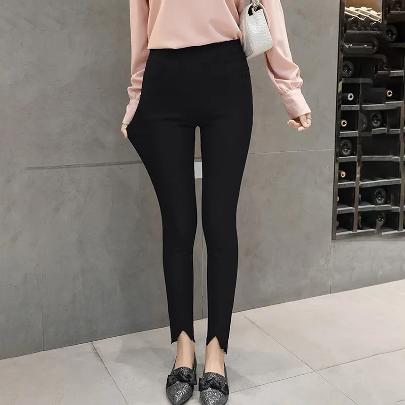 

[aosheng] New Autumn Winter 2018 Fashion Black Pockets Stitching Elastic High Waist Slim Knitted Legging Women S-3XL Y010