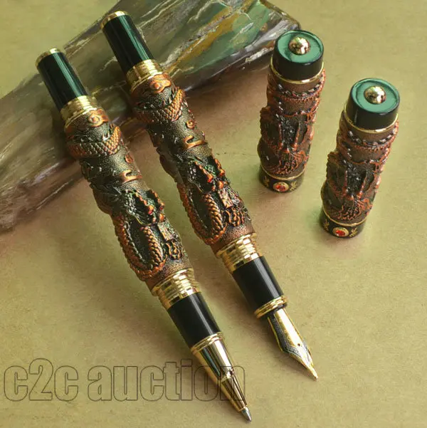 FOUNTAIN PEN + ROLLER BALL PEN SET 0.7mm BROAD NIB JINHAO TWO DRAGON PLAY PEARL COPPER 2 PCS FOUNTAIN PEN + ROLLER BALL PEN SET 0.7mm BROAD NIB JINHAO TWO DRAGON PLAY PEARL COPPER 2 PCS