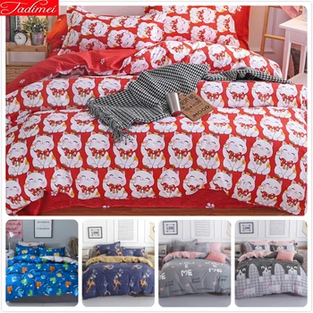 

Cute Kitty Fortune Cat Pattern Double Big Size Duvet Cover 4pcs Bedding Set Soft Cotton Bed Linens King Queen Bedspreads 180x220