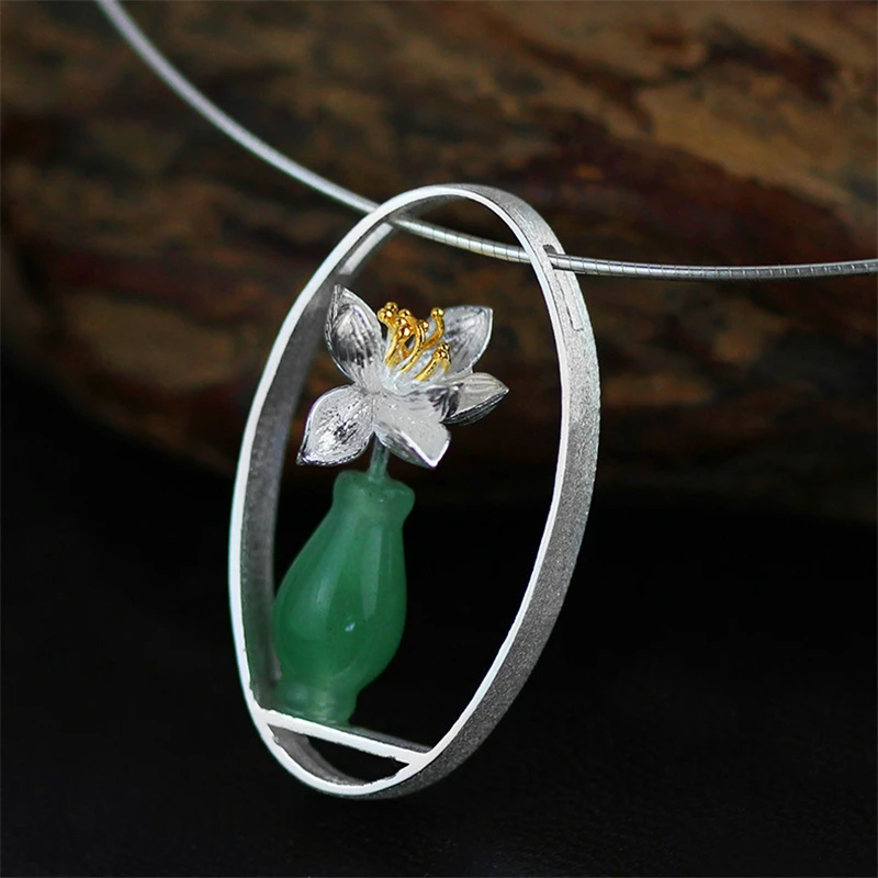 Lotus Fun Brand 925 Sterling Silver Pendant for Women Green Aventurine Fine Jewelry Vase Flower Pendant without Chain Dropship