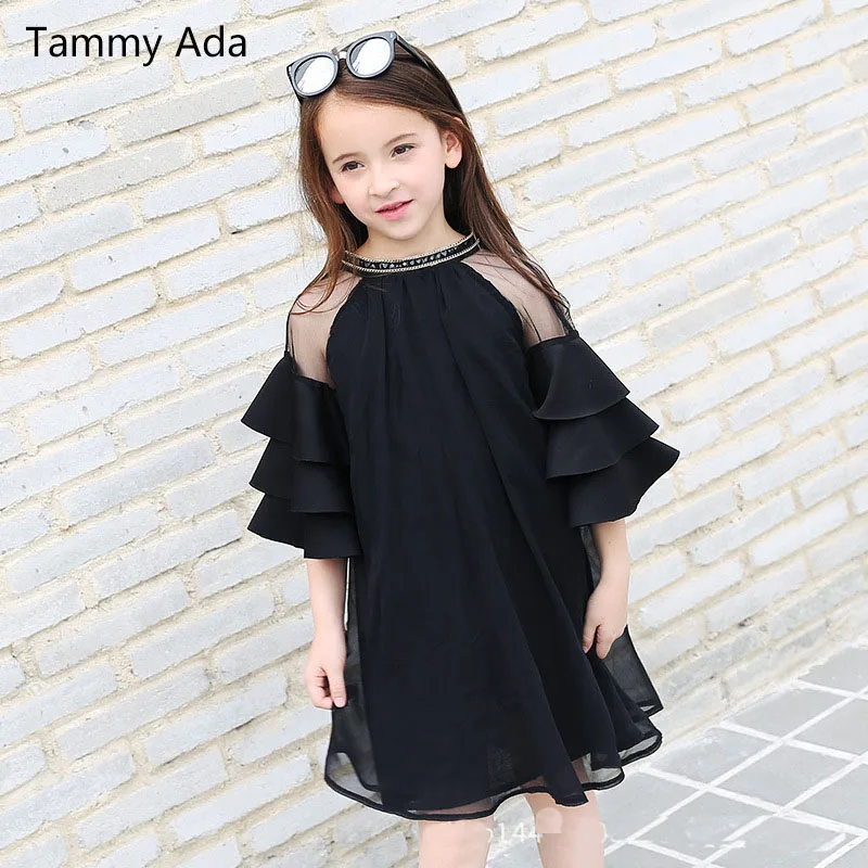 

Tammy Ada Summer Girls Dresses Cute Princess Dress for Toddler Girl Teen Sequins Flare Sleeve Mesh Black Dress Birthday Clothing