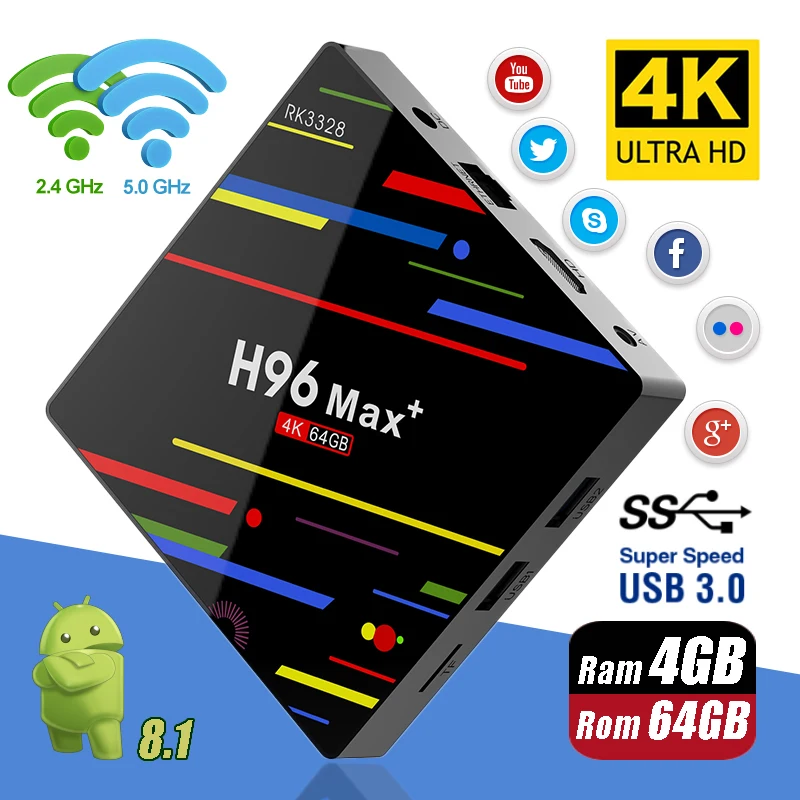 

H96 max plus Smart TV box android 8.1 RK3328 4G RAM 32G/64G ROM USB3.0 2.4G/5G Wifi Bluetooth 4.0 Prefix 4k H.265 Media player