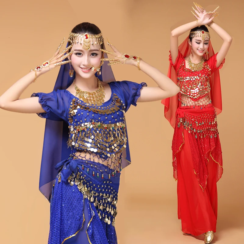 

New style belly dance set clothes indian performance wear 4pcs-7pcs Top&Skirt&Belt&Headband&Bracelet&Necklace&Earrings