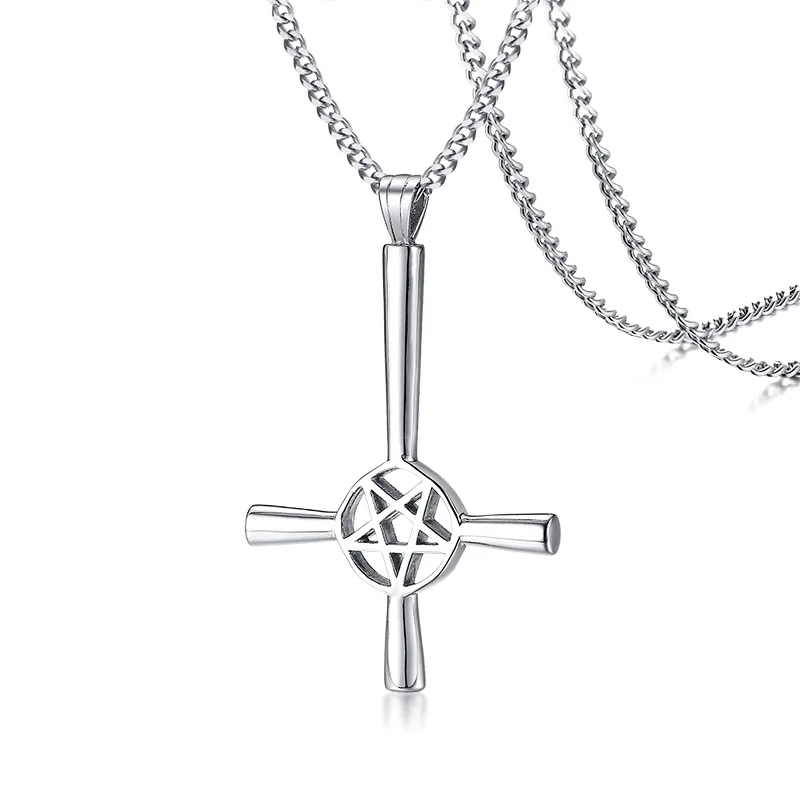 

Satanic Men Necklace Upside Down Inverted Cross Pendant Pentagram Star Pewter Satan Regilious Jewelry Gifts Drop Shipping.PN1127