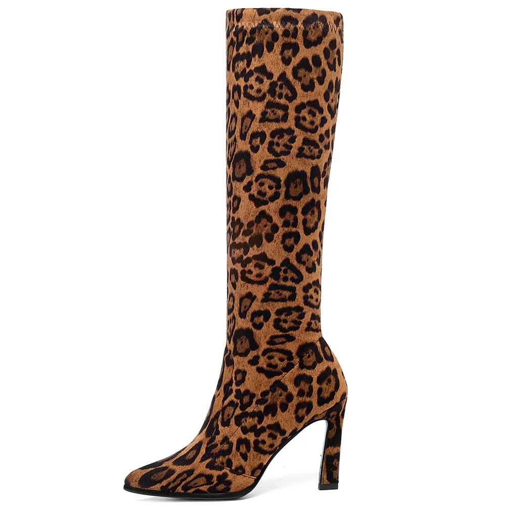 Leopard brown Lapolaka/брендовые дизайнерские ботинки женская обувь пикантные ботинки до середины икры на тонком высоком каблуке с леопардовым принтом женские ботинки Осень-Зима Большие размеры 34-43 - Цвет: Leopard brown