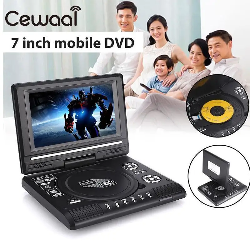 

Cewaal Portable 7" 720P Real HD DVD Player Swivel Screen TV Player Support Game Radio MP3 Players Professional Home Boy US Plug