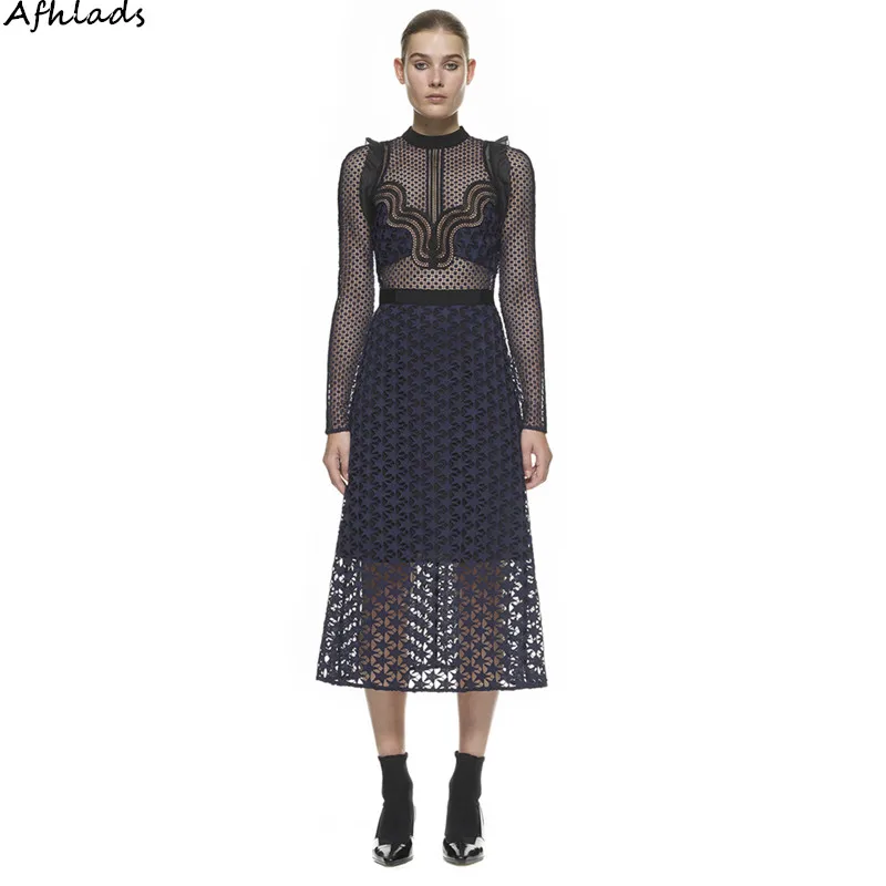 

Self Portrait spring and summer runway high quality lace perspective long-sleeved ladies style slim midi party vestidos dress
