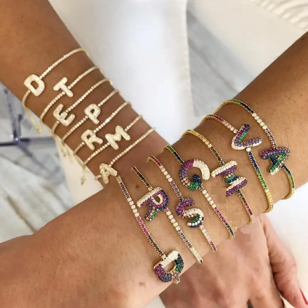 

wholesale cz bubble 26 letter Initial adjust chain bracelet thin cz tennis chain white rainbow color custom name bracelets