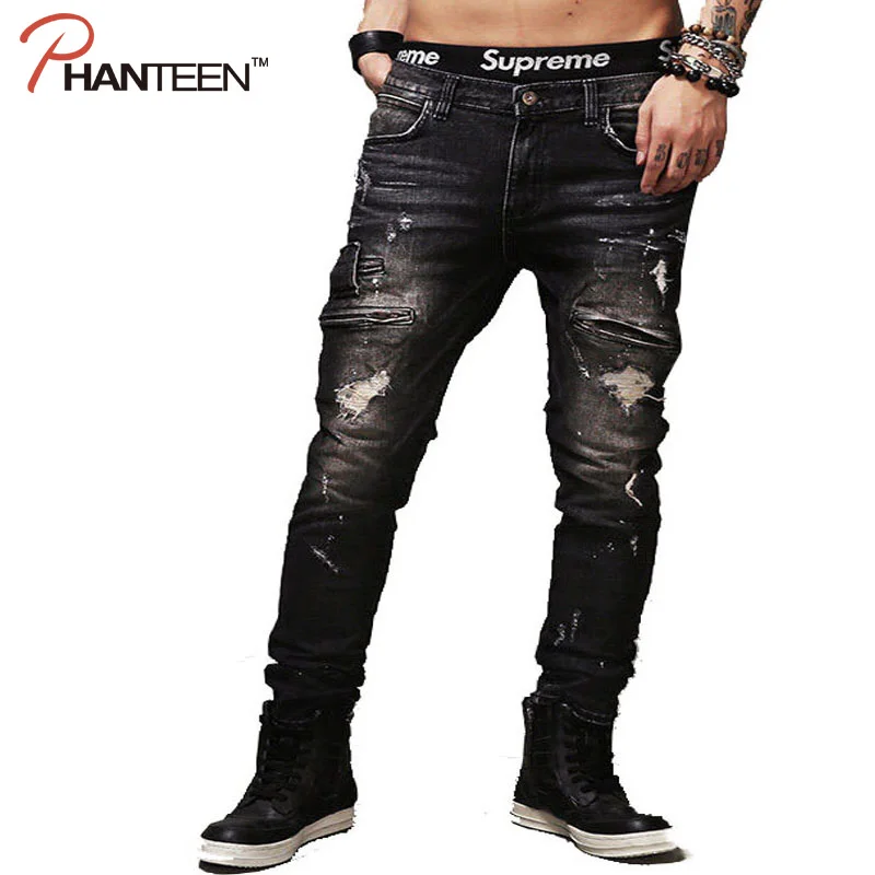 

Phanteen Kanye West Style Man Jeans Holes Ripped Vintage Washed Motorcycle Jeans Rock And Roll Fashion Men Brand Trousers