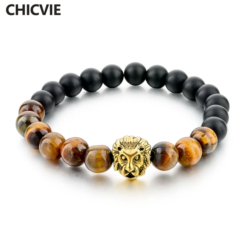 

Classic Matte Onyx and Tiger eye Stone Strand Bracelets & Bangles Gold Lion Head Men Bracelets For Women Jewelry SBR160140105