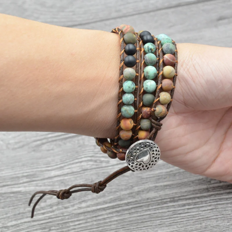 

6MM Bohemian Natural Stone Bracelet 2019 Vintage Leather Wrap Bracelets Handmade Women Ladies Multilayer Bangle Jewelry Gift