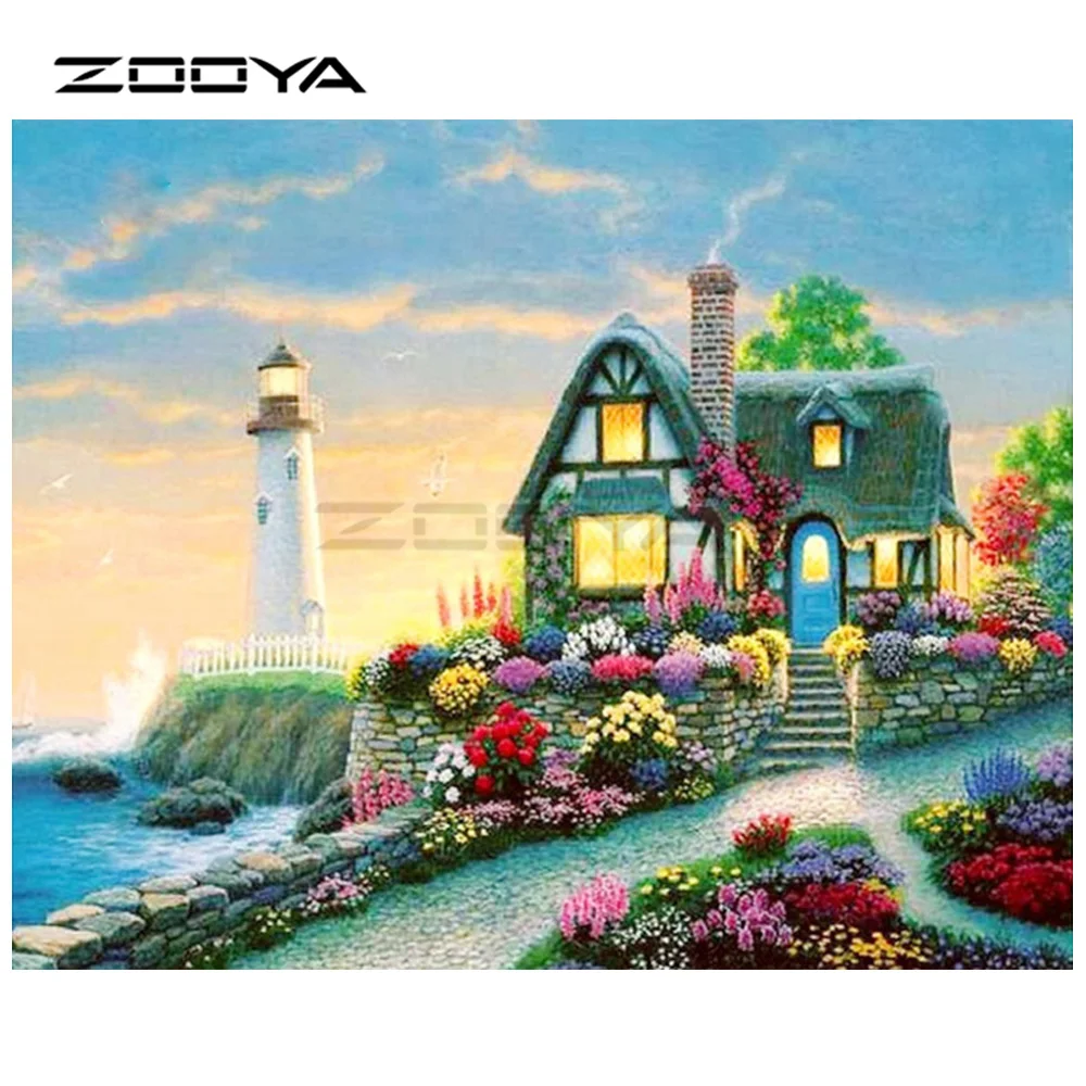 

ZOOYA 5D DIY Diamond Embroidery Landscape Seaside House & Flower Diamond Painting Cross Stitch Square Mosaic Decoration BK640