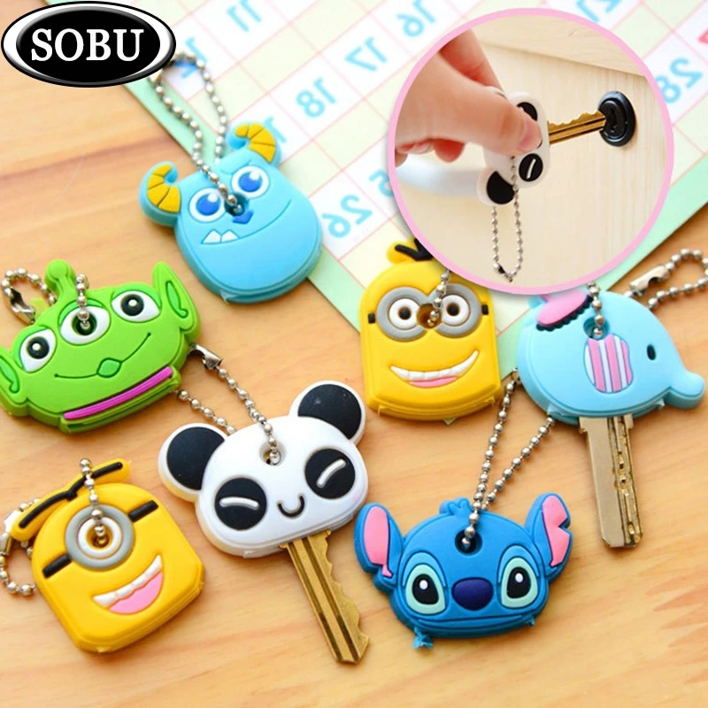 

8PCS/Lot Cute Anime Cartoon Silicone Stitch Minion Key Cover Key Caps With Keychain Key Holder P012b