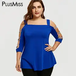 PlusMiss плюс Размеры 5XL сексуальный вырез крест рукава топ-Туника женская одежда Блузка с вырезами на плечах большой Размеры Лето 2018 Blusas