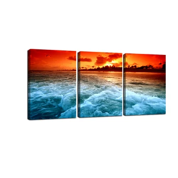 

3 Panel Beach Seascape Sunset Red Print on Canvas Painting Picture Wall Art Office Home Decoration for livingroom Bedroom
