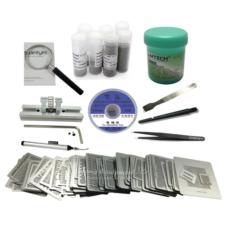 BGA Reballing Kit 219 шт. трафареты прямого нагрева 25 к этилированный паяльный шар AMTECH 559