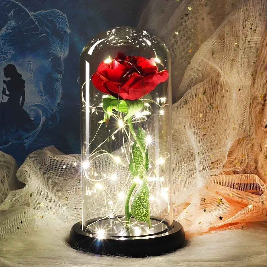 6 цветов Красота и чудовище красная роза в стеклянном куполе на деревянной основе для подарков Святого Валентина светодиодный лампы с розами Рождество - Цвет: black base