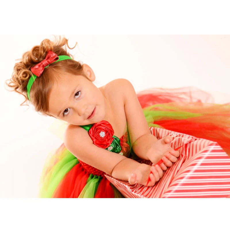Красное, зеленое платье-пачка с цветочным рисунком для девочек, одежда детское платье из тюля Детские Рождественские костюмы для девочек, вечерние бальные платья, От 1 до 14 лет