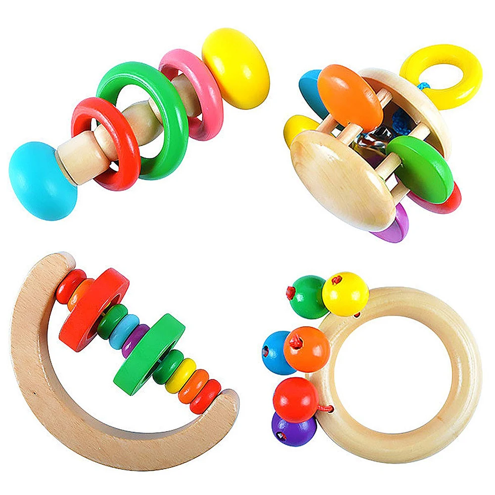 4pcs/pack Colorful Educational Wooden Baby Rattle Grasping Rattle Handbell Montessori Toyin