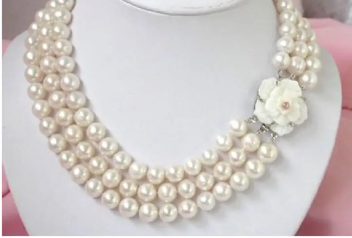 

triple strand 8-9mm natural Australian south sea white pearl necklace 17-19''t