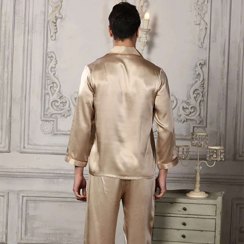 2020 New Genuine Silk Pajamas Man Two-Piece Sets 100% Silkworm Silk Sleepwear Male Comfortable Home Wear 16195