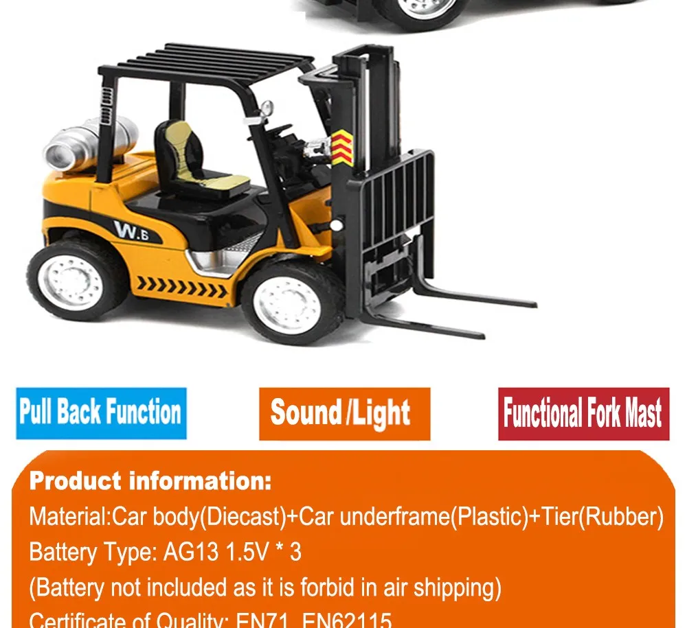 15 см длина литья под давлением строительство вилочный погрузчик модель подъемного устройства автомобили, мальчик грузовик игрушки с функцией отката/Звук/свет/Подарочная коробка для детей