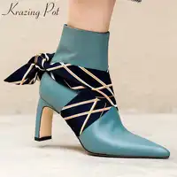 Krazing หม้อฤดูหนาวใหม่ของแท้หนัง pointed toe รองเท้าส้นสูงรองเท้ายุโรปผ้าไหม riband เดทไนท์คลับรองเท้า L64
